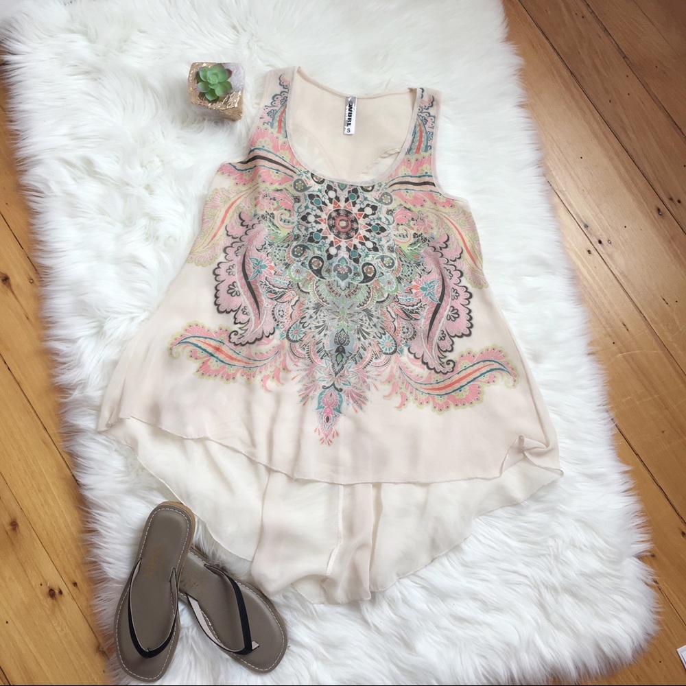 Cream Boho Mandala Pattern Sheer Hi Low Hem Top